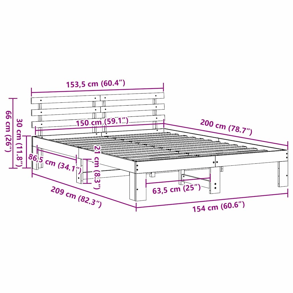 Sängram med huvudgavel Vit 150 x 200 cm Massiv furu