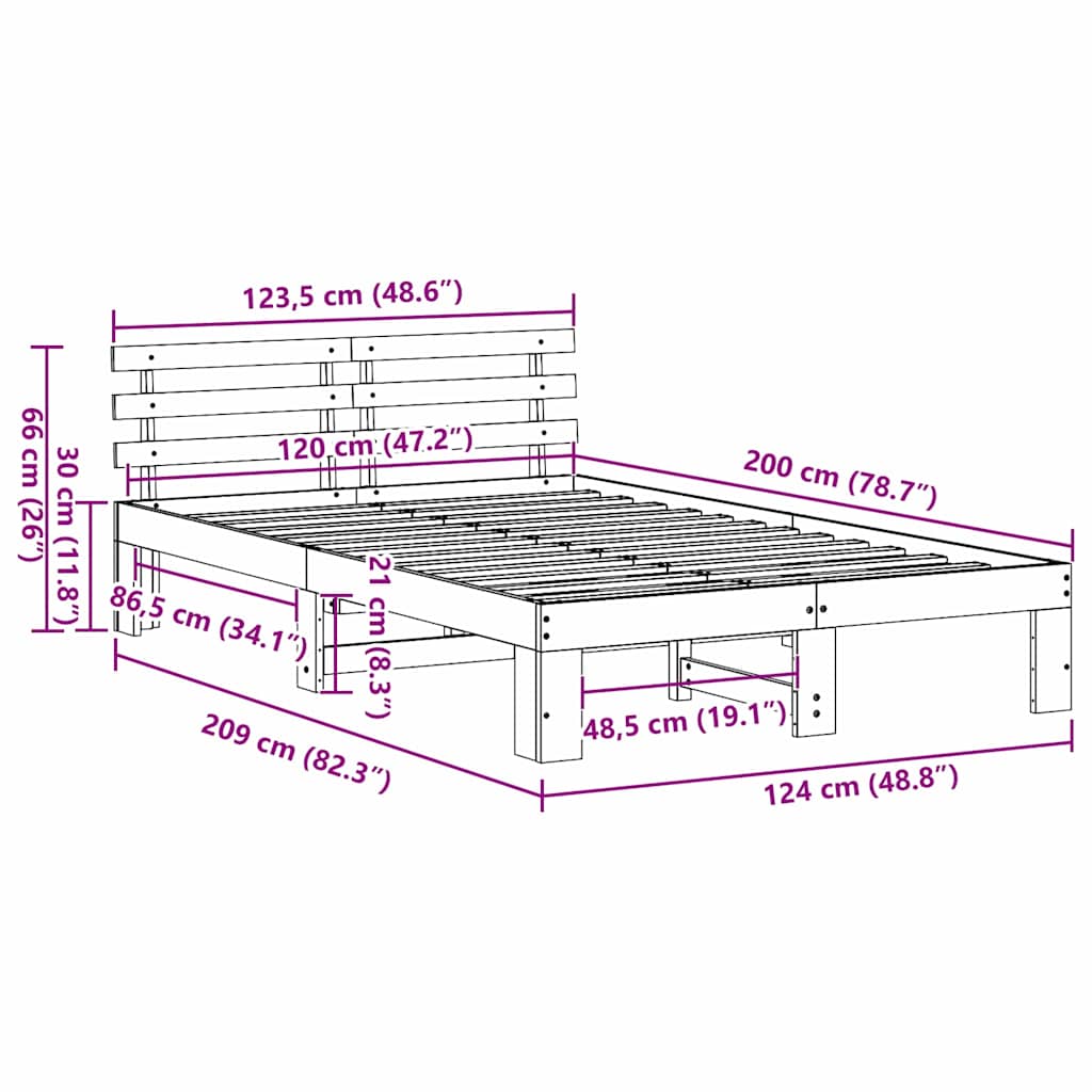 Sängram med huvudgavel Vit 120 x 200 cm Massiv furu
