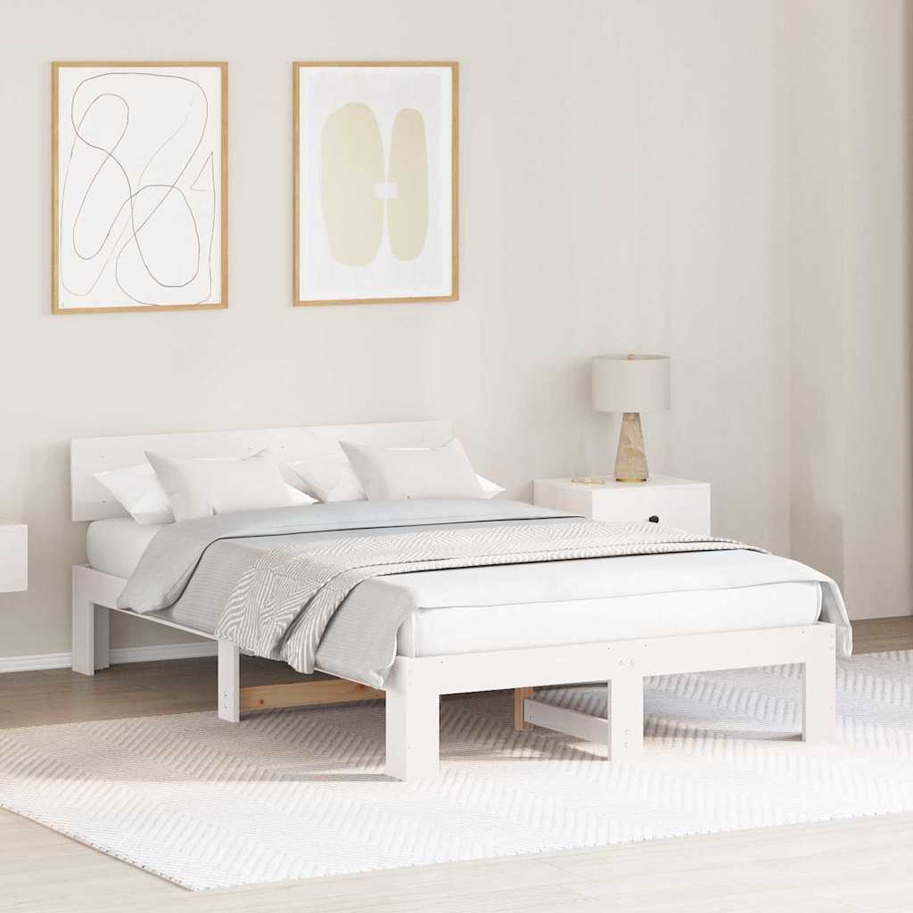 Sängram med huvudgavel Vit 140 x 190 cm Massiv furu