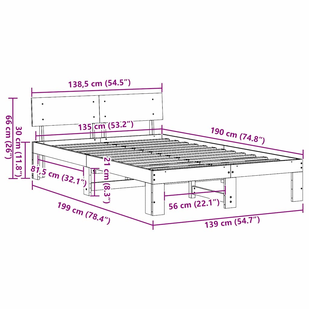 Sängram med huvudgavel Naturfärg 135 x 190 cm Massiv furu
