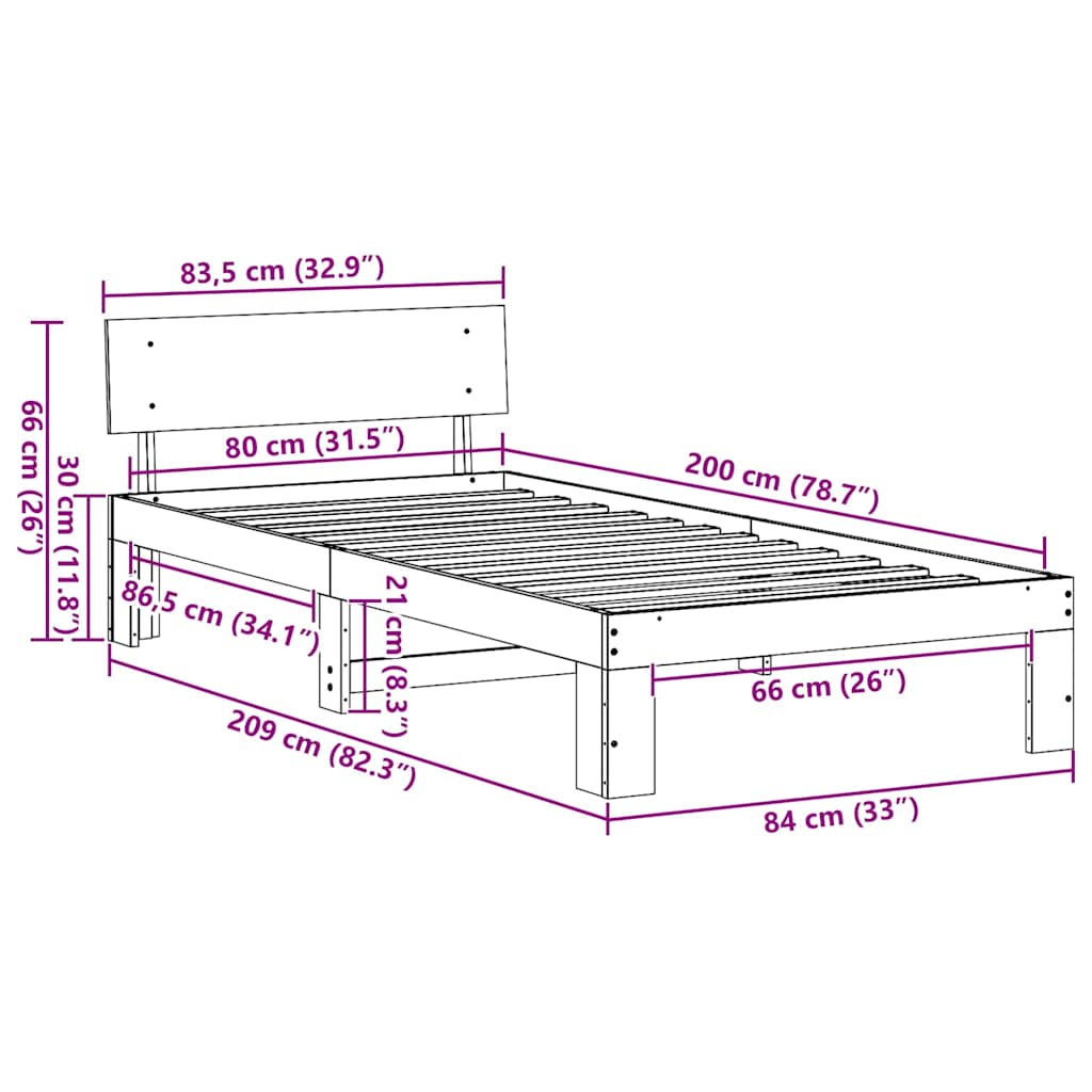 Sängram med huvudgavel Naturfärg 80 x 200 cm Massiv furu