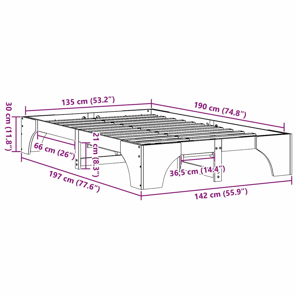 Sängram Vaxbrun 135 x 190 cm Massiv furu