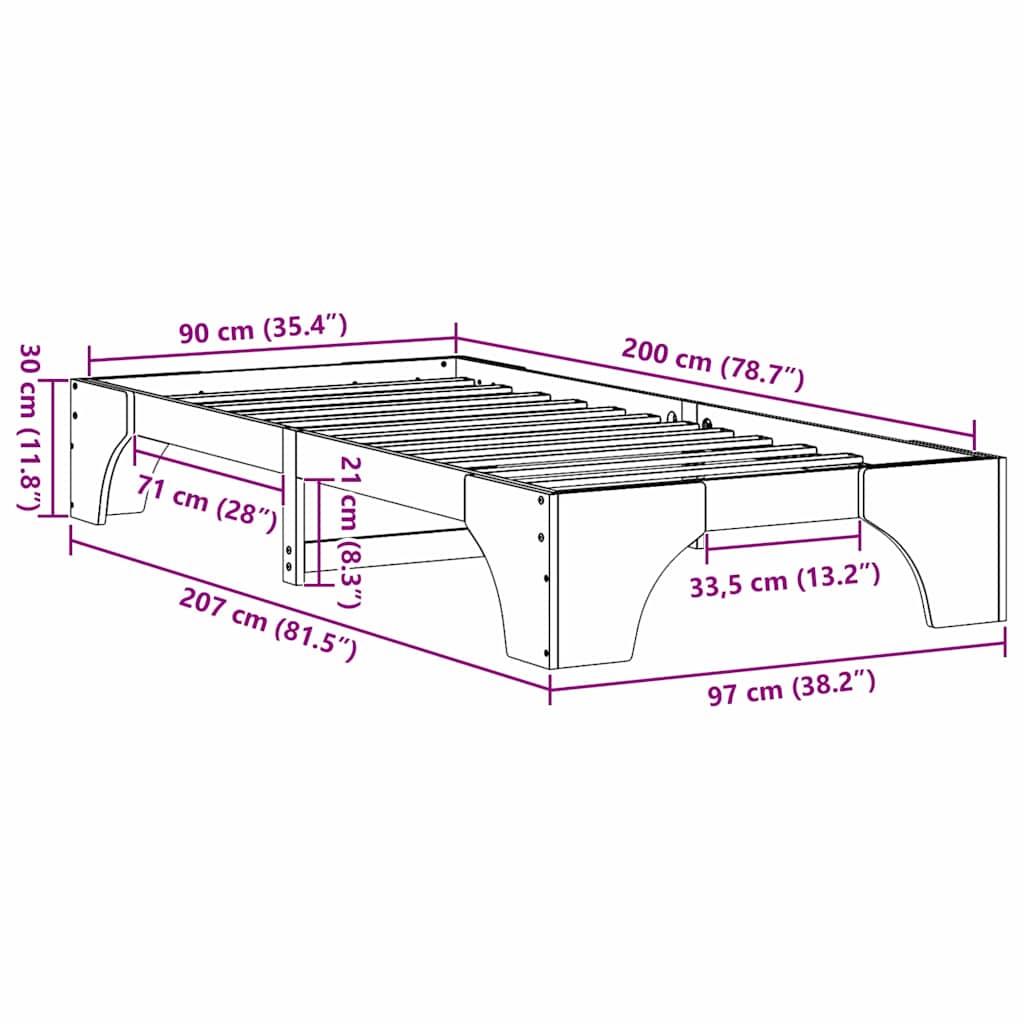Sängram Vaxbrun 90 x 200 cm Massiv furu