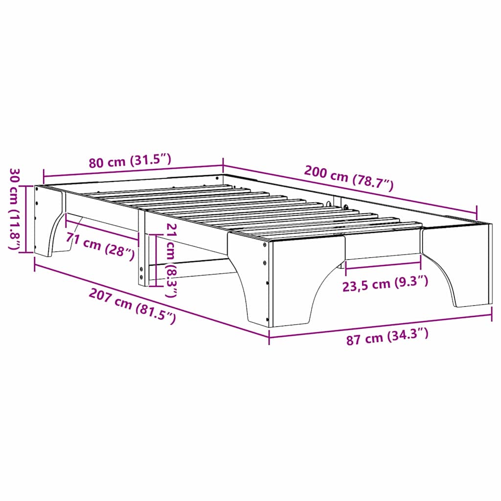 Sängram Vaxbrun 80 x 200 cm Massiv furu