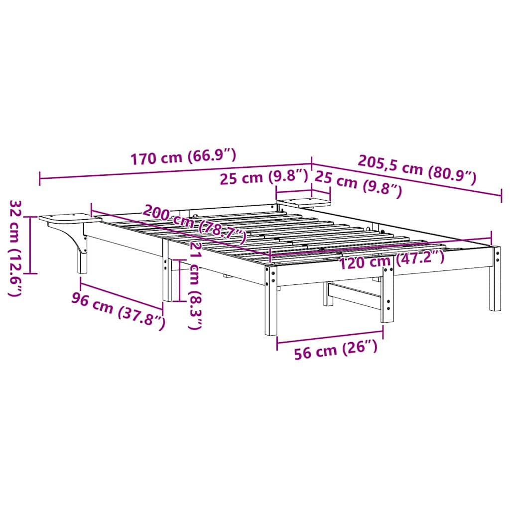 Sängram Vit 120 x 200 cm Massiv furu