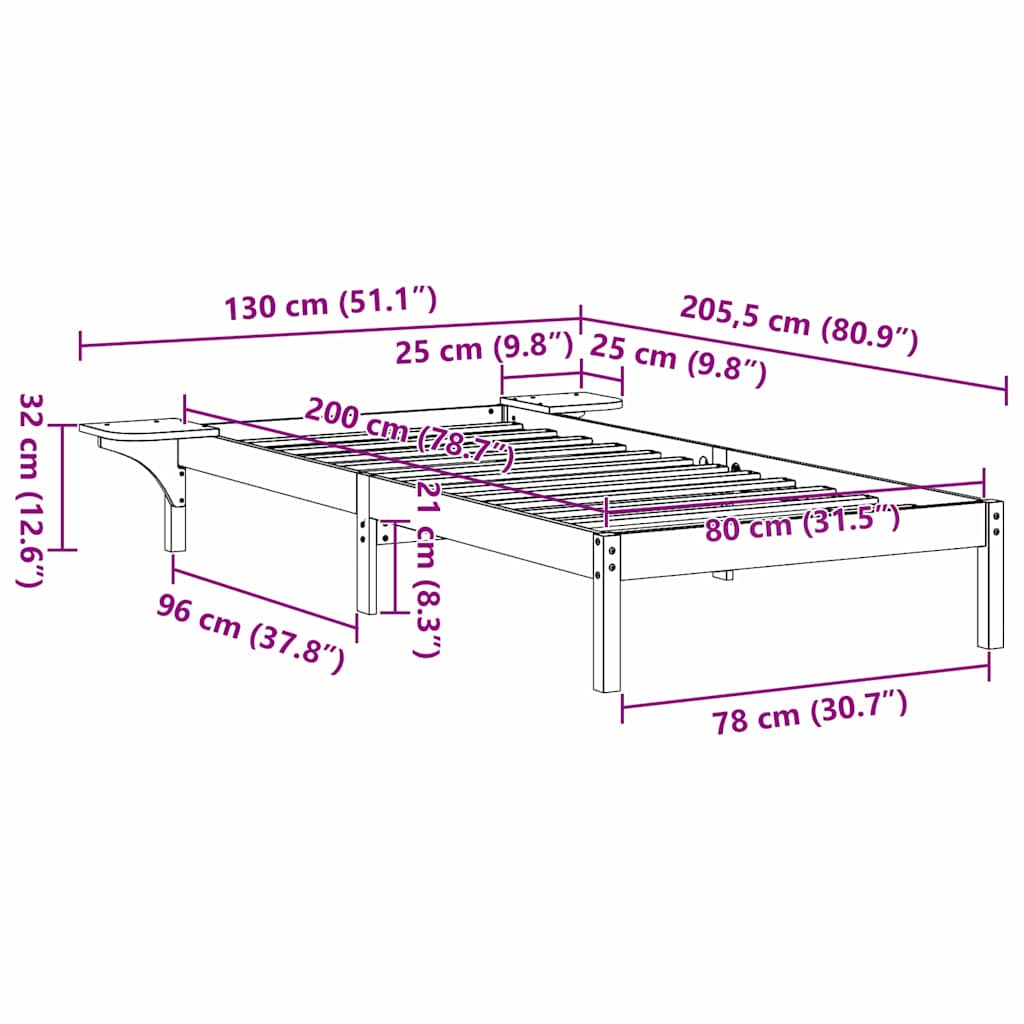 Sängram Vaxbrun 80 x 200 cm Massiv furu