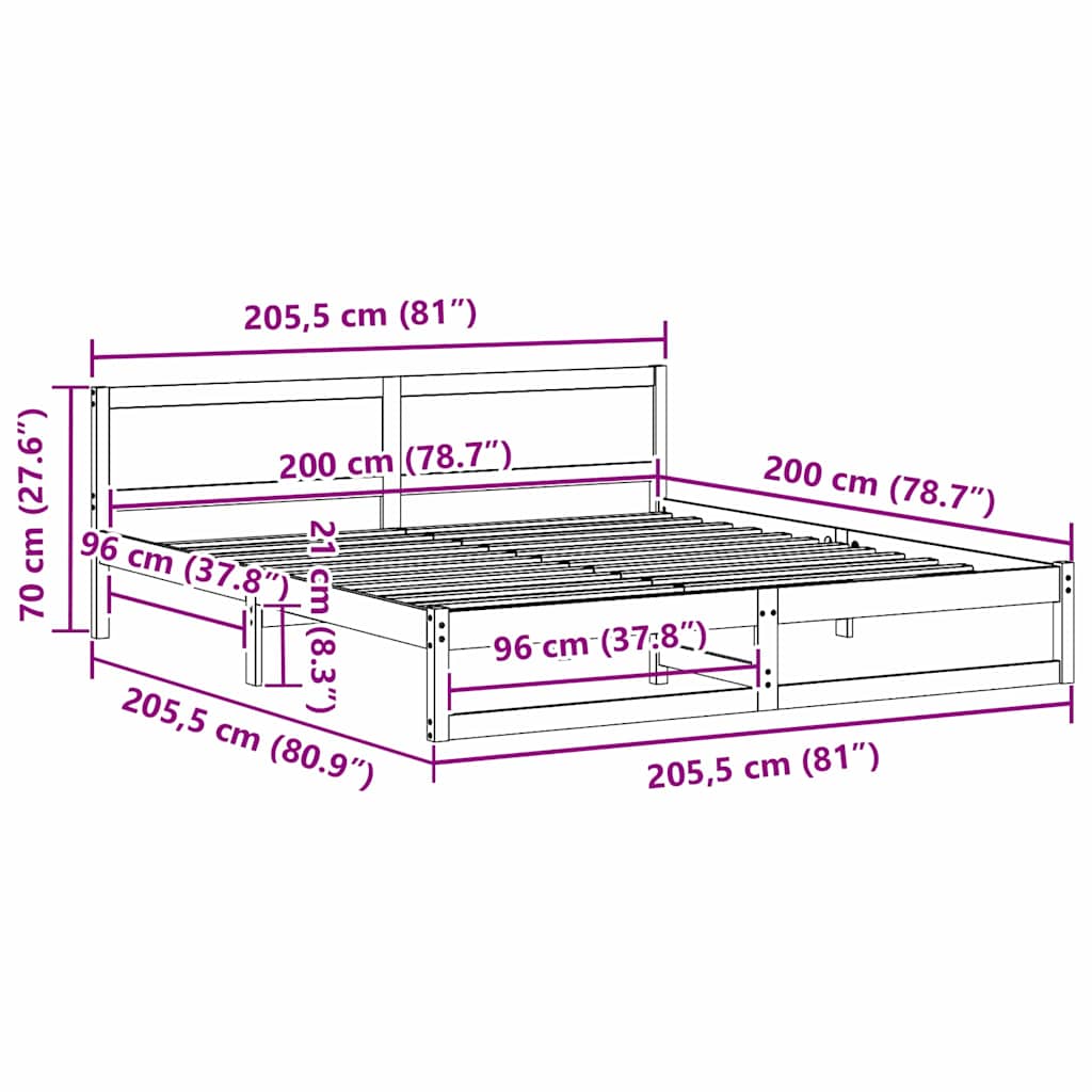 Sängram med huvudgavel Vaxbrun 200 x 200 cm Massiv furu