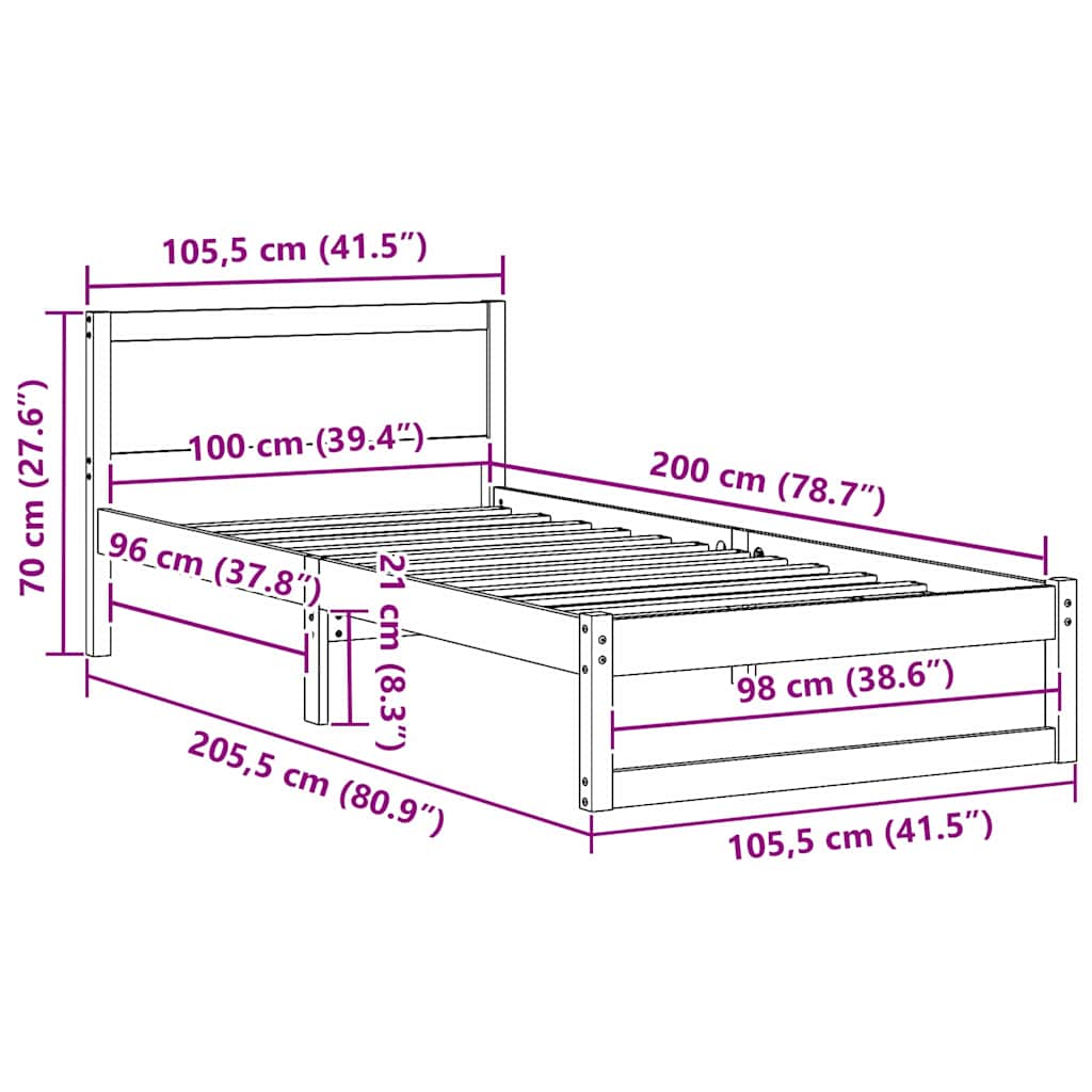 Sängram med huvudgavel Vaxbrun 100 x 200 cm Massiv furu