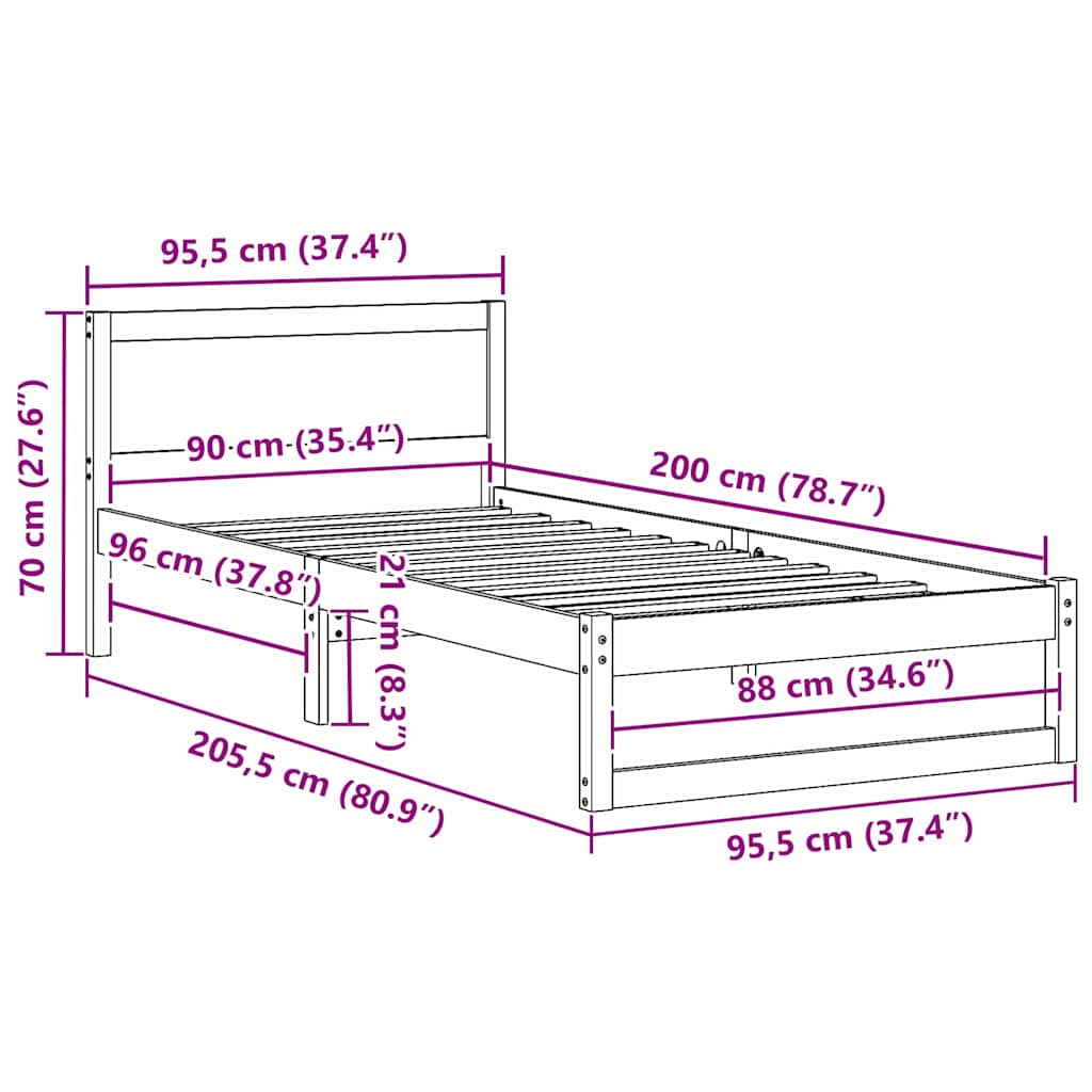 Sängram med huvudgavel Naturfärg 90 x 200 cm Massiv furu