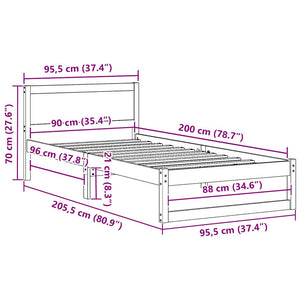 Sängram med huvudgavel Naturfärg 90 x 200 cm Massiv furu