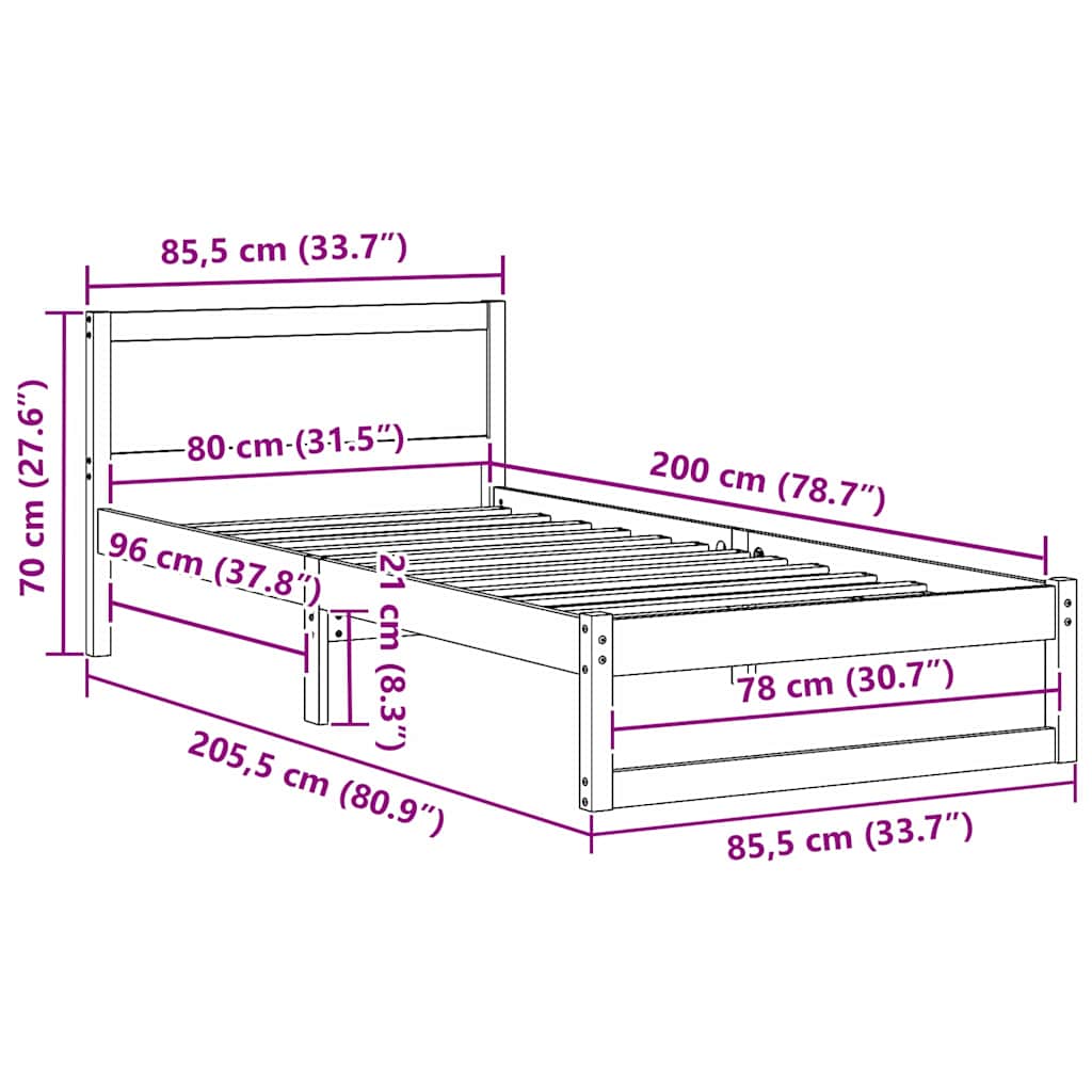 Sängram med huvudgavel Vaxbrun 80 x 200 cm Massiv furu
