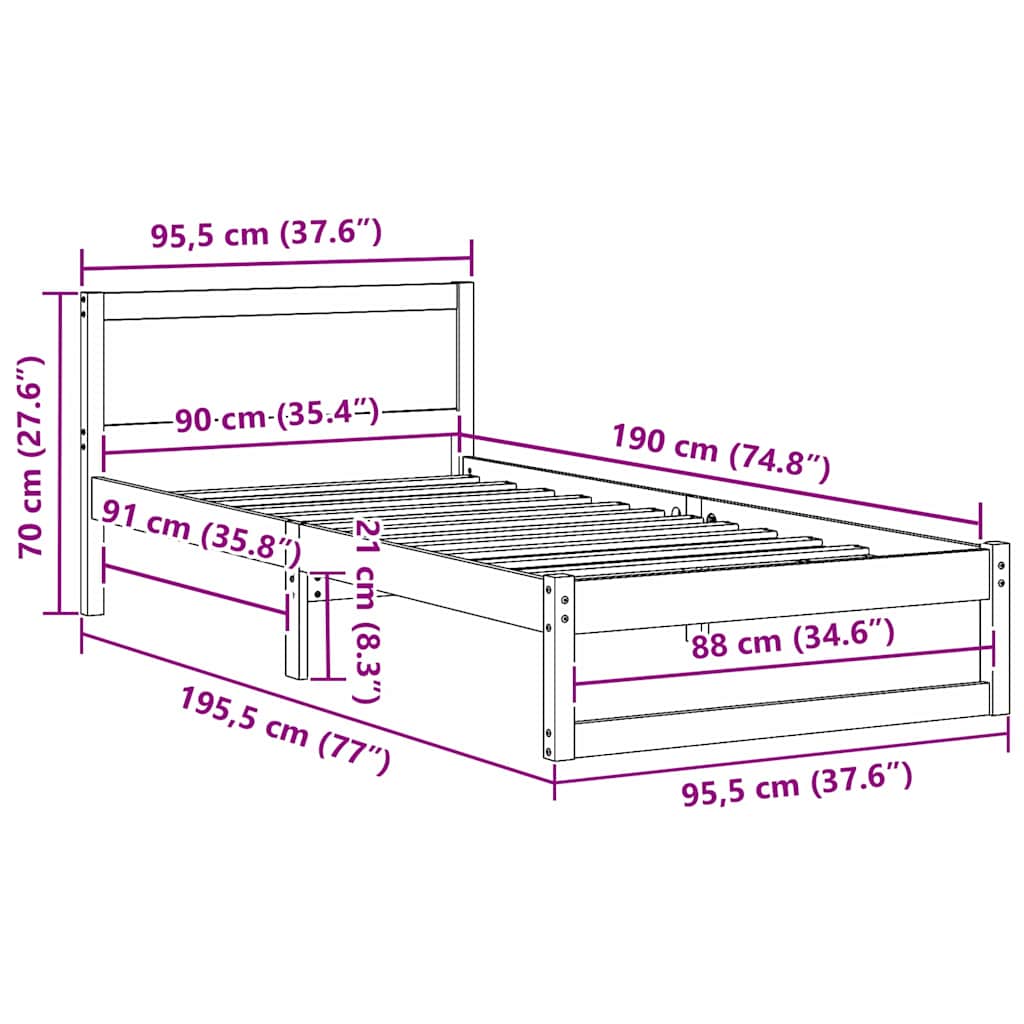 Sängram med huvudgavel Naturfärg 90 x 190 cm Massiv furu