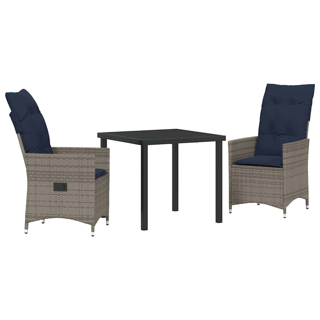 Bord- och stolset med kudde 3 pcs Grå PE Rattan