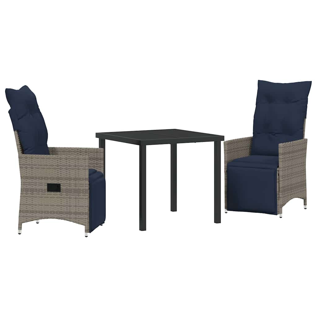 Bord- och stolset med kudde 3 pcs Grå PE Rattan