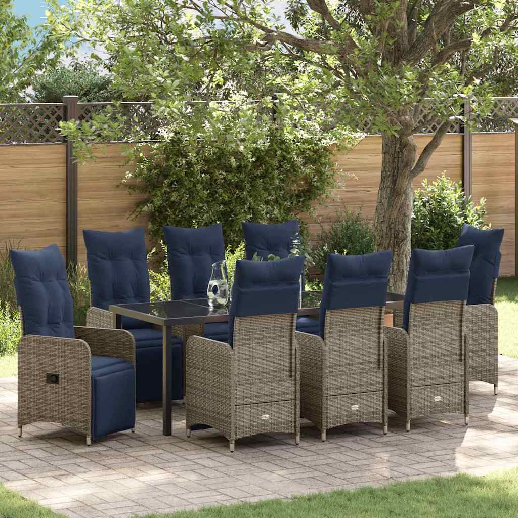 Bord- och stolset med kudde 9 pcs Grå PE Rattan