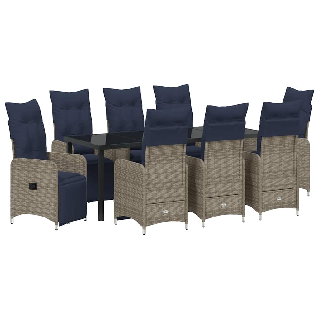 Bord- och stolset med kudde 9 pcs Grå PE Rattan