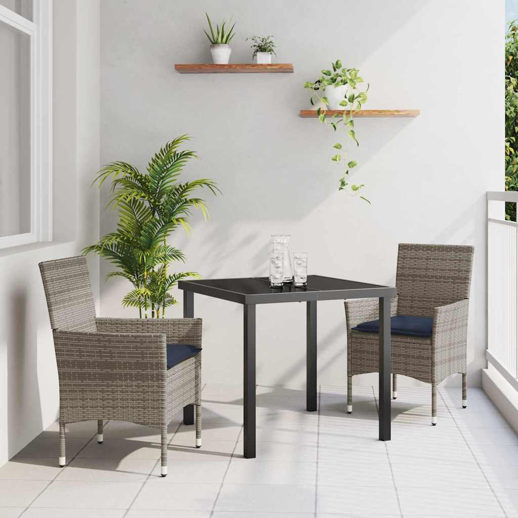 Bord- och stolset med kudde 3 pcs Grå PE Rattan