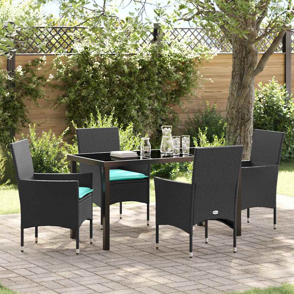 Bord- och stolset med kudde 5 pcs Svart PE Rattan