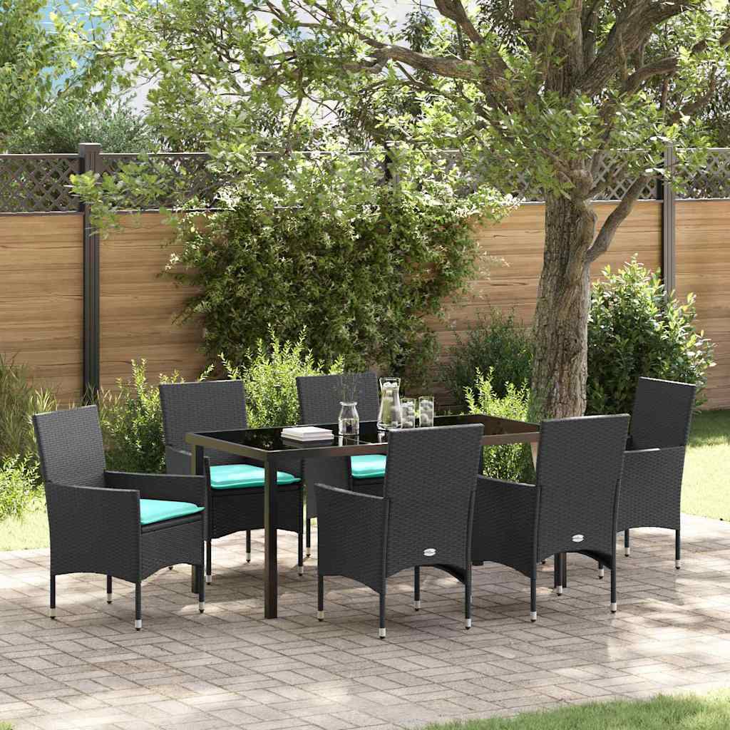 Bord- och stolset med kudde 7 pcs Svart PE Rattan
