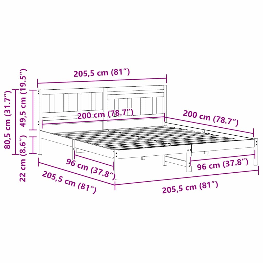 Sängram med huvudgavel Vaxbrun 200 x 200 cm Massiv furu