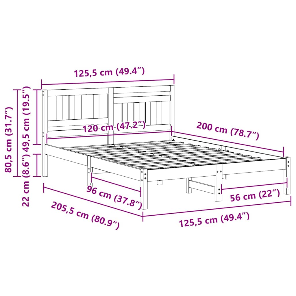 Sängram med huvudgavel Vaxbrun 120 x 200 cm Massiv furu