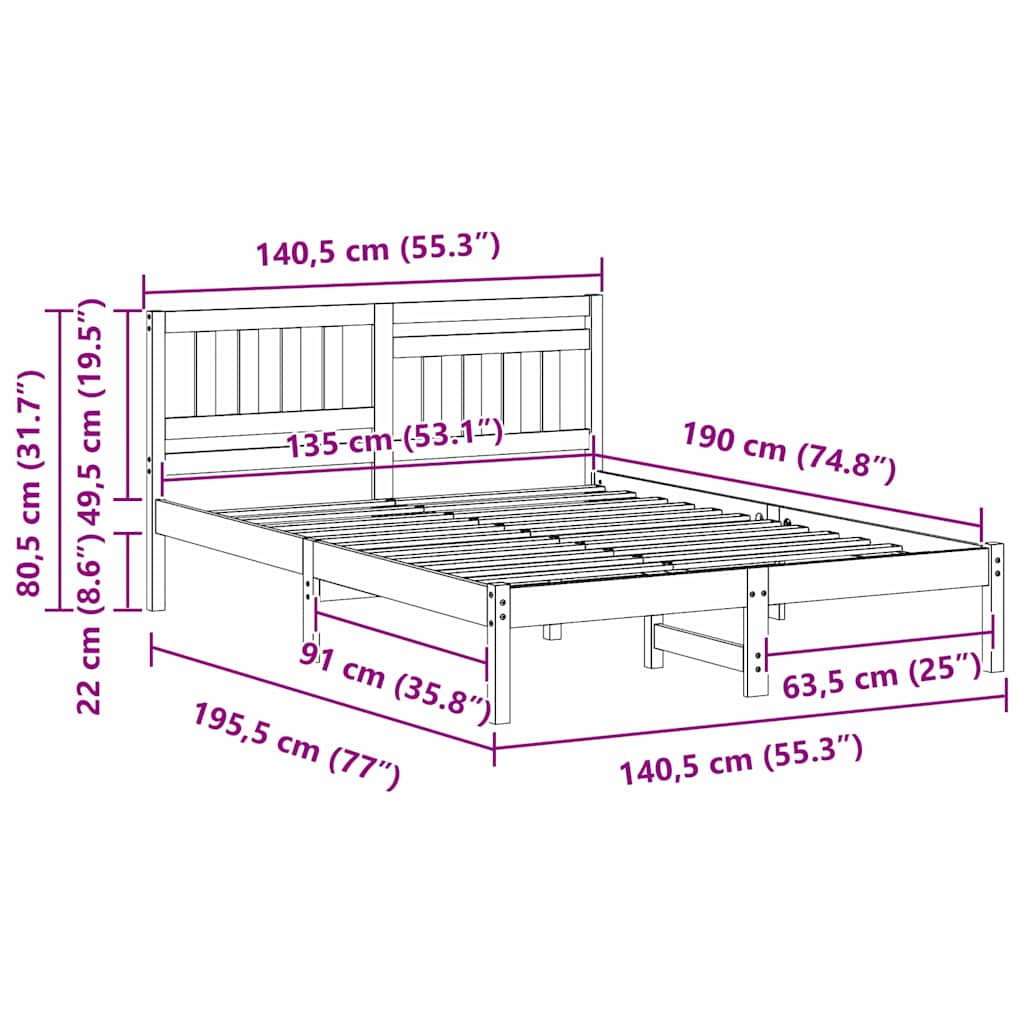 Sängram med huvudgavel Vit 135 x 190 cm Massiv furu