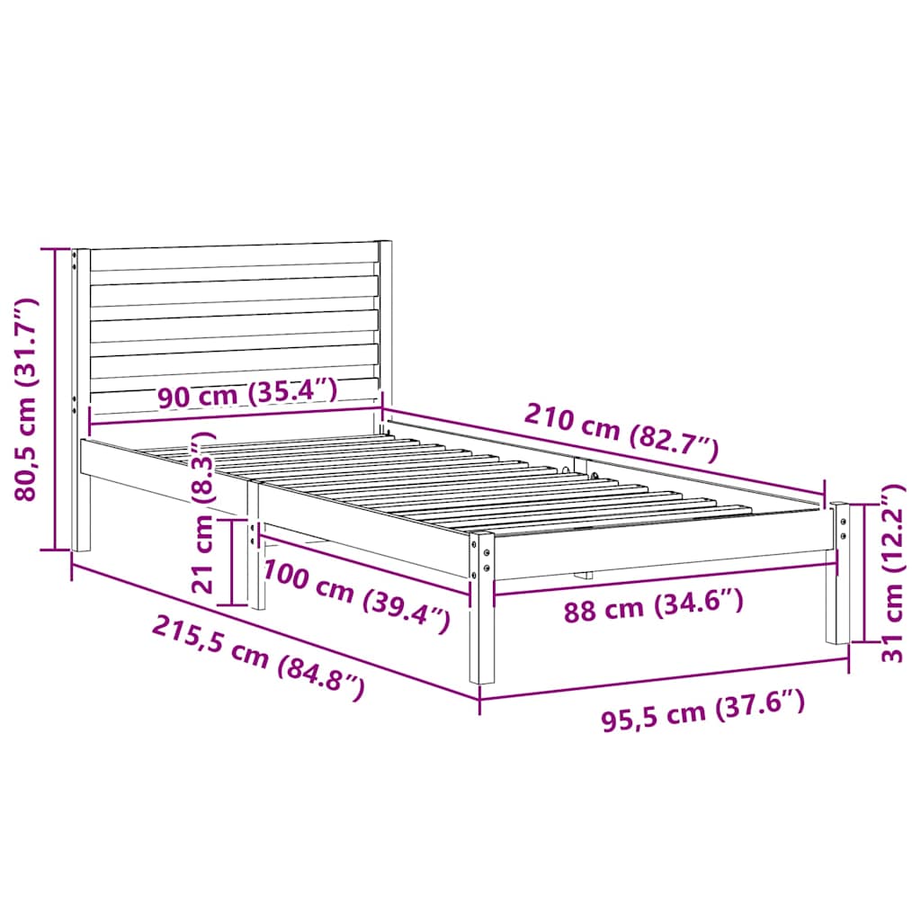 Sängram med huvudgavel Vit 90 x 210 cm Massiv furu
