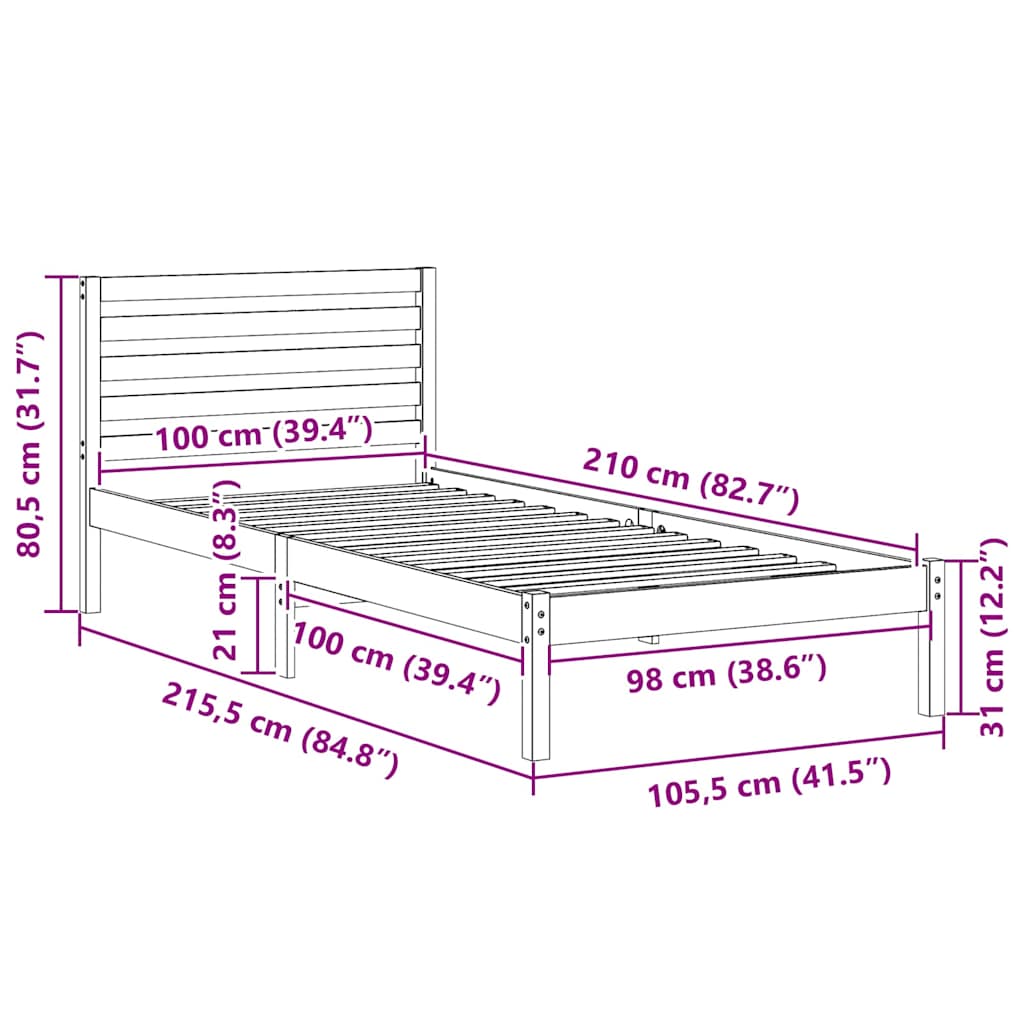 Sängram med huvudgavel Vaxbrun 100 x 210 cm Massiv furu