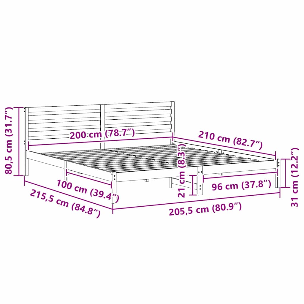 Sängram med huvudgavel Vit 200 x 210 cm Massiv furu