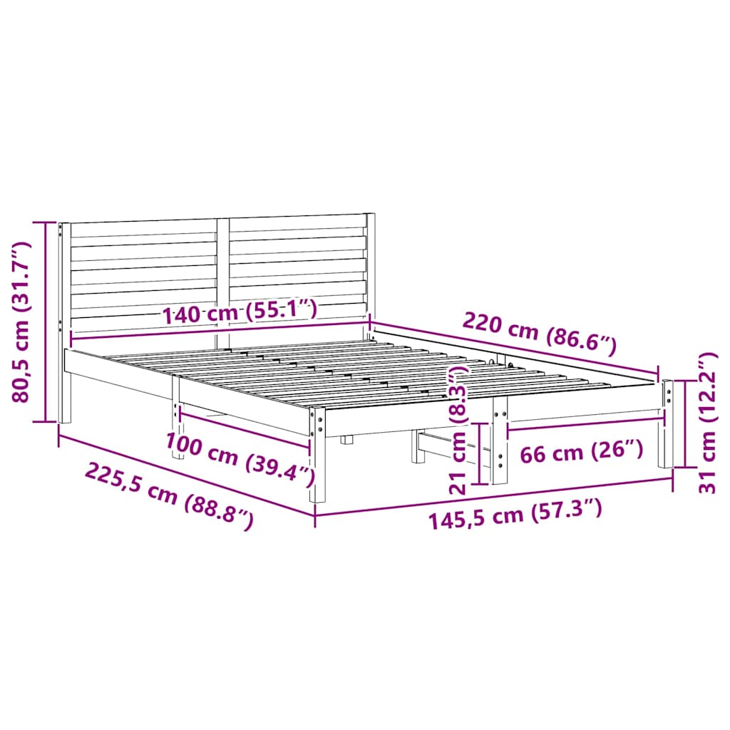 Sängram med huvudgavel Vaxbrun 140 x 220 cm Massiv furu