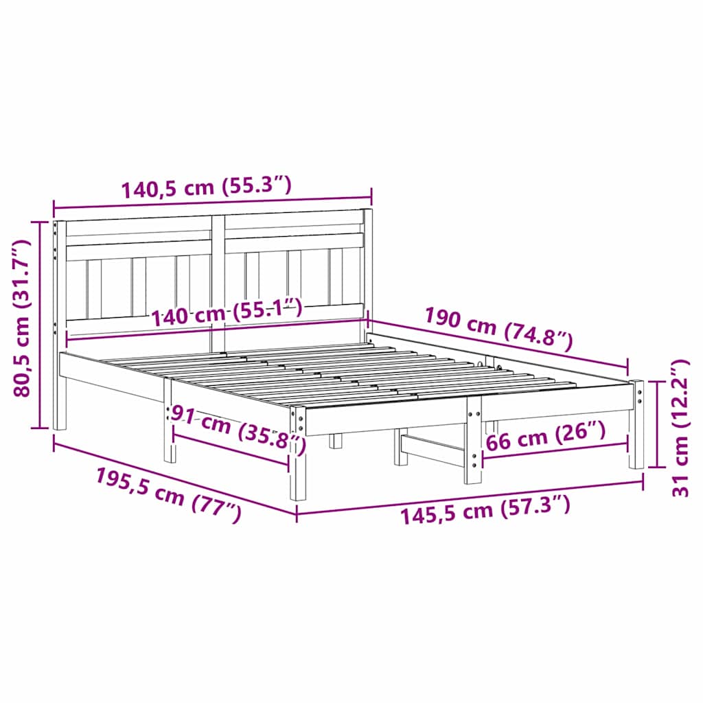 Sängram Brun 140 x 190 cm Massiv furu