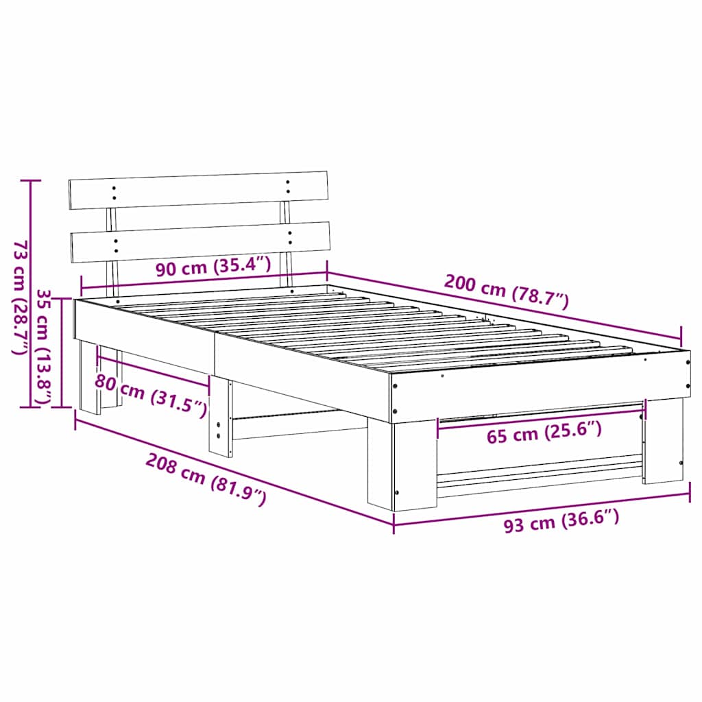 Sängram med huvudgavel Vit 90 x 200 cm Massiv furu