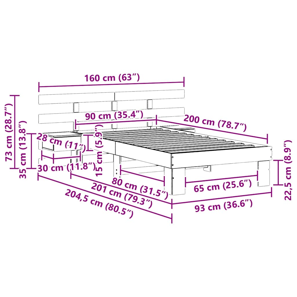 Sängram med huvudgavel Vaxbrun 90 x 200 cm Massiv furu