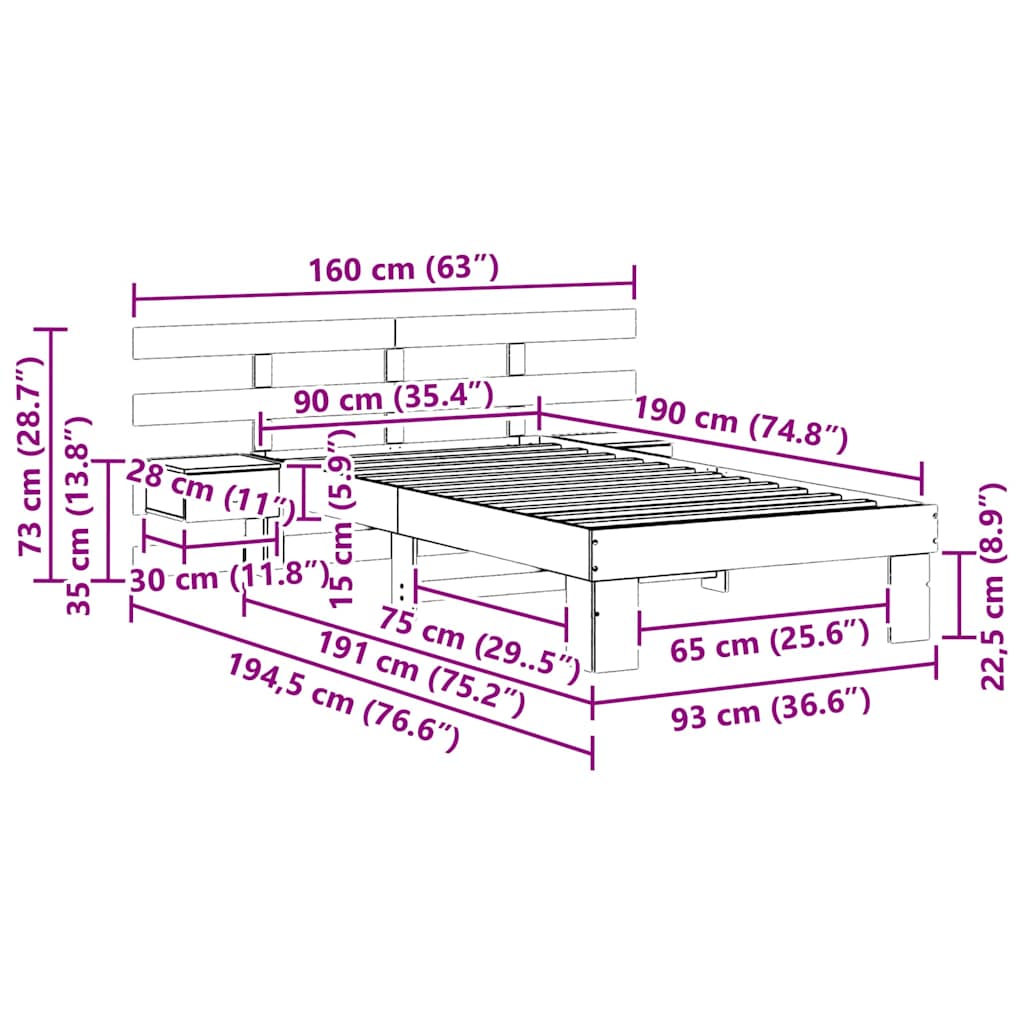 Sängram med huvudgavel Brun 90 x 190 cm Massiv furu