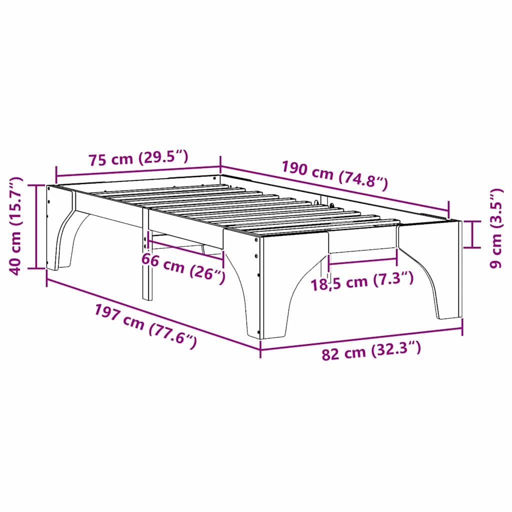 Sängram Brun 75 x 190 cm Massiv furu