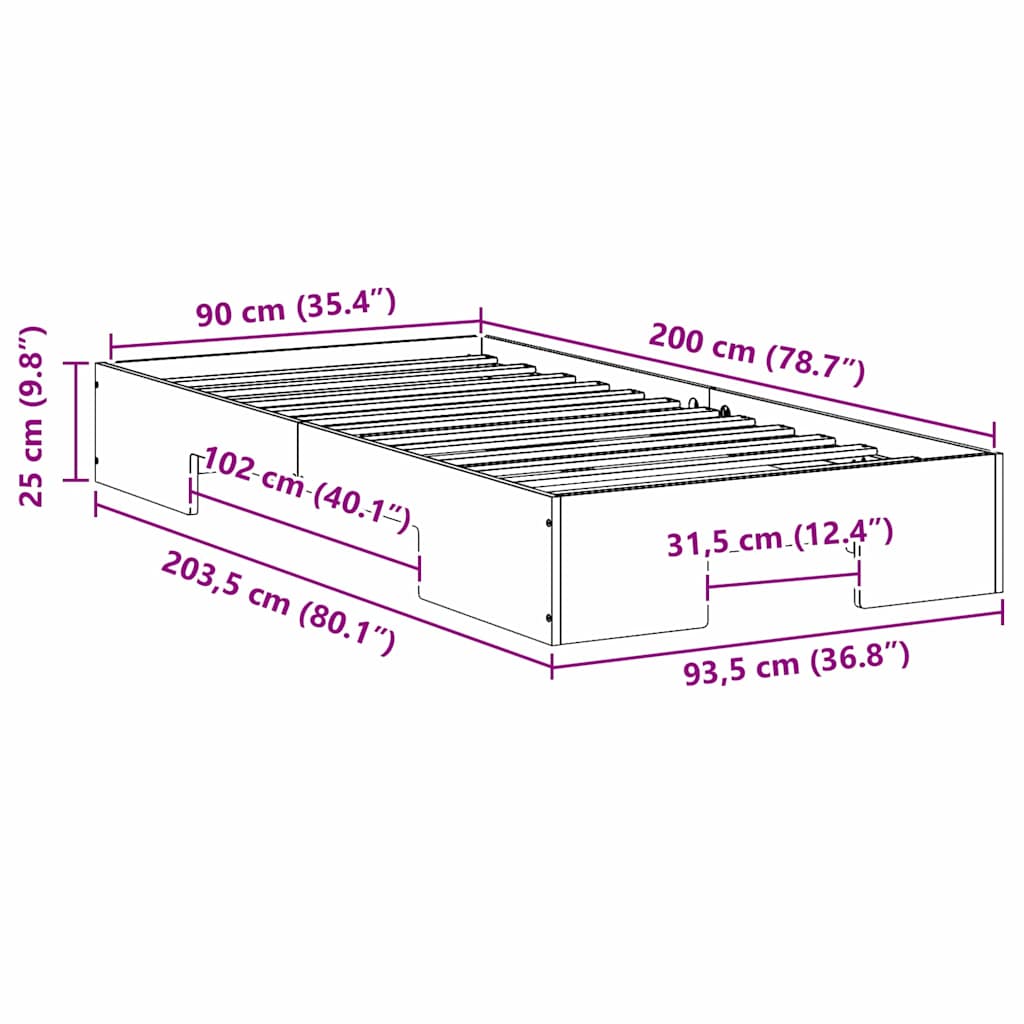 Sängram med lagring Brun 90 x 200 cm Massiv furu