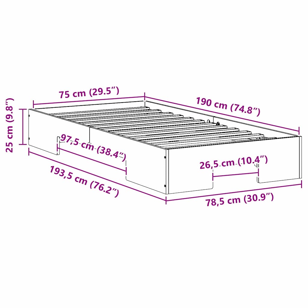 Sängram med lagring Vit 75 x 190 cm Massiv furu