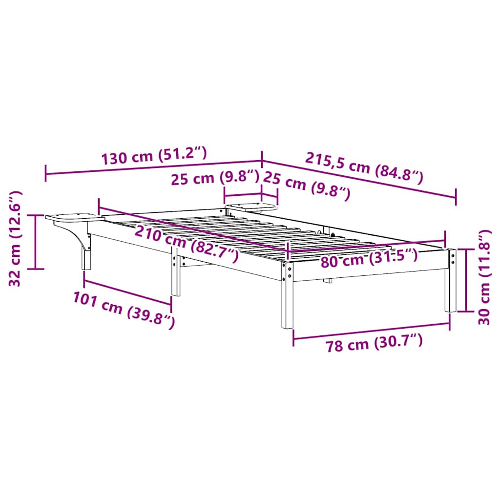 Sängram med sidobord Naturfärg 80 x 210 cm Massiv furu