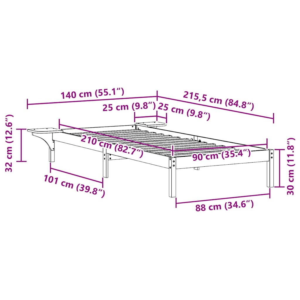 Sängram med sidobord Naturfärg 90 x 210 cm Massiv furu