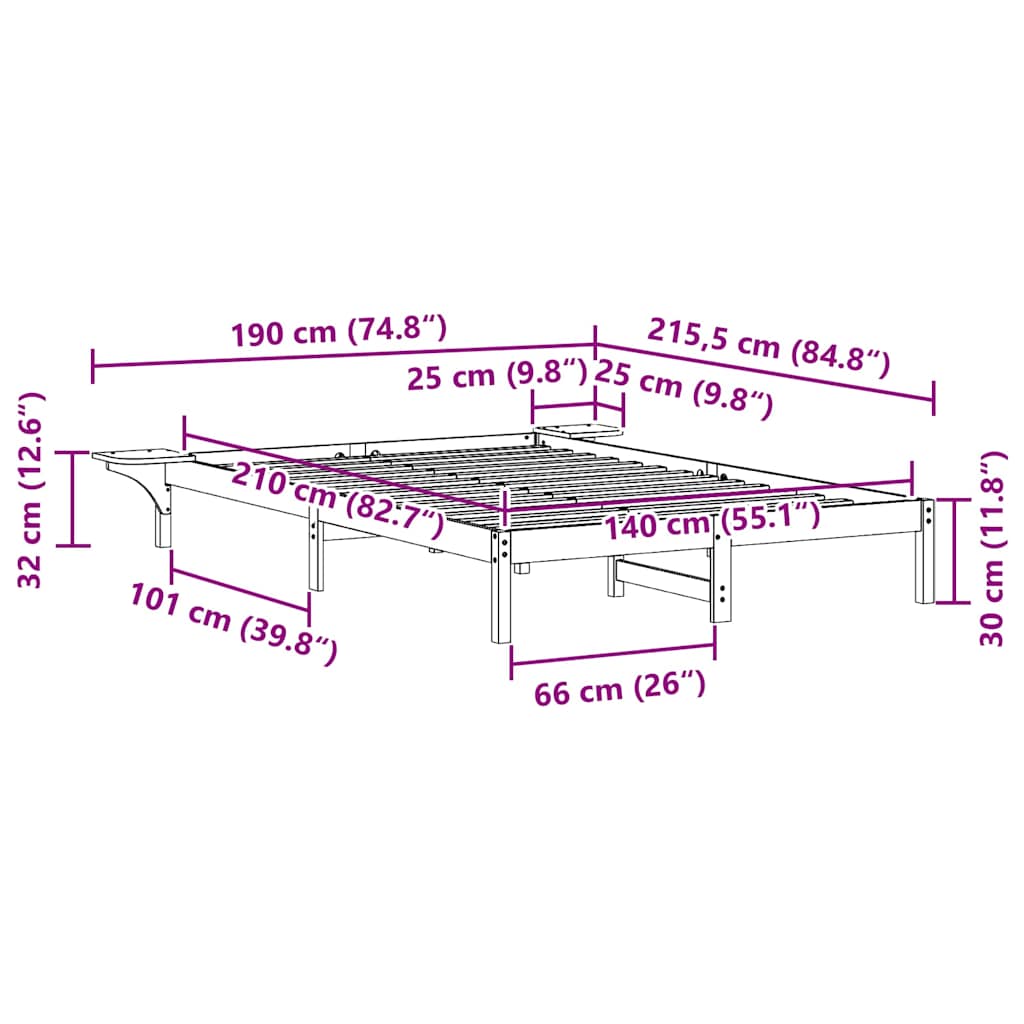Sängram med sidobord Naturfärg 140 x 210 cm Massiv furu