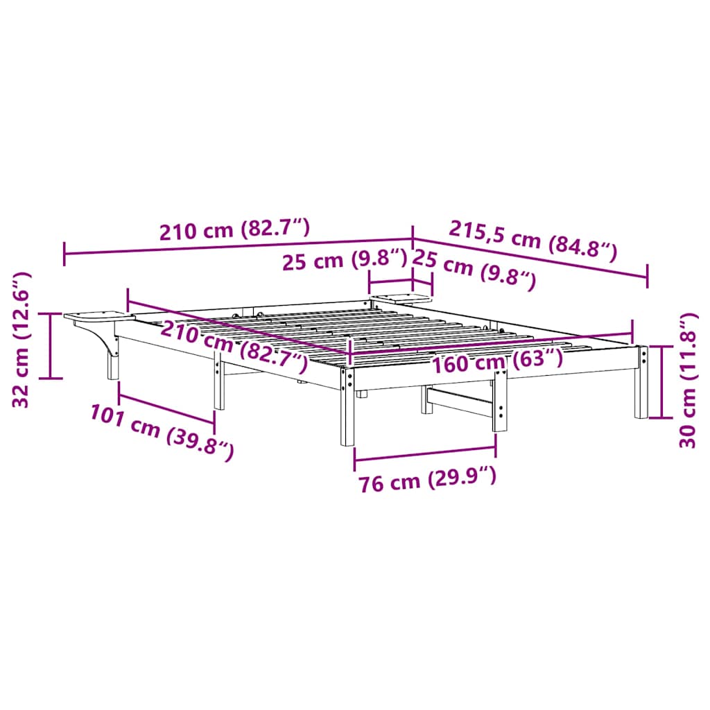 Sängram med sidobord Naturfärg 160 x 210 cm Massiv furu