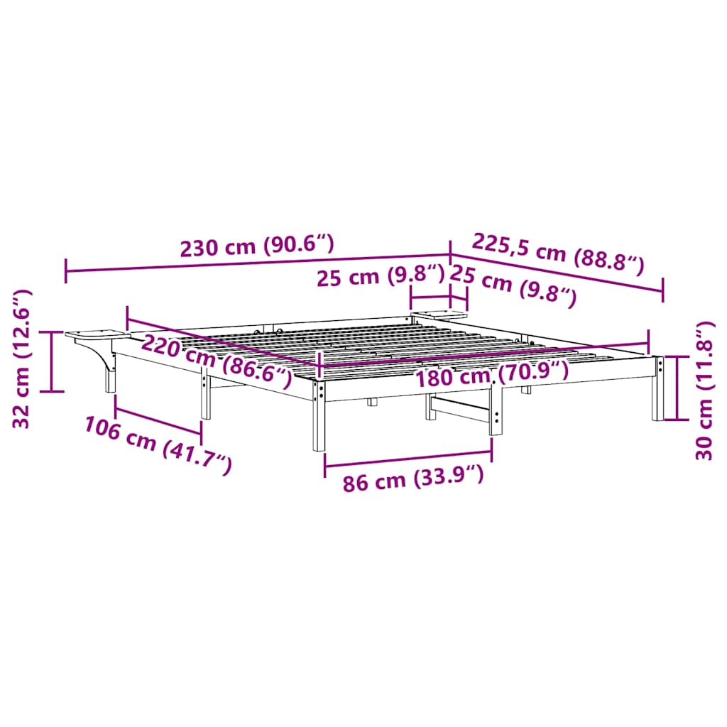 Sängram med sidobord Naturfärg 180 x 220 cm Massiv furu