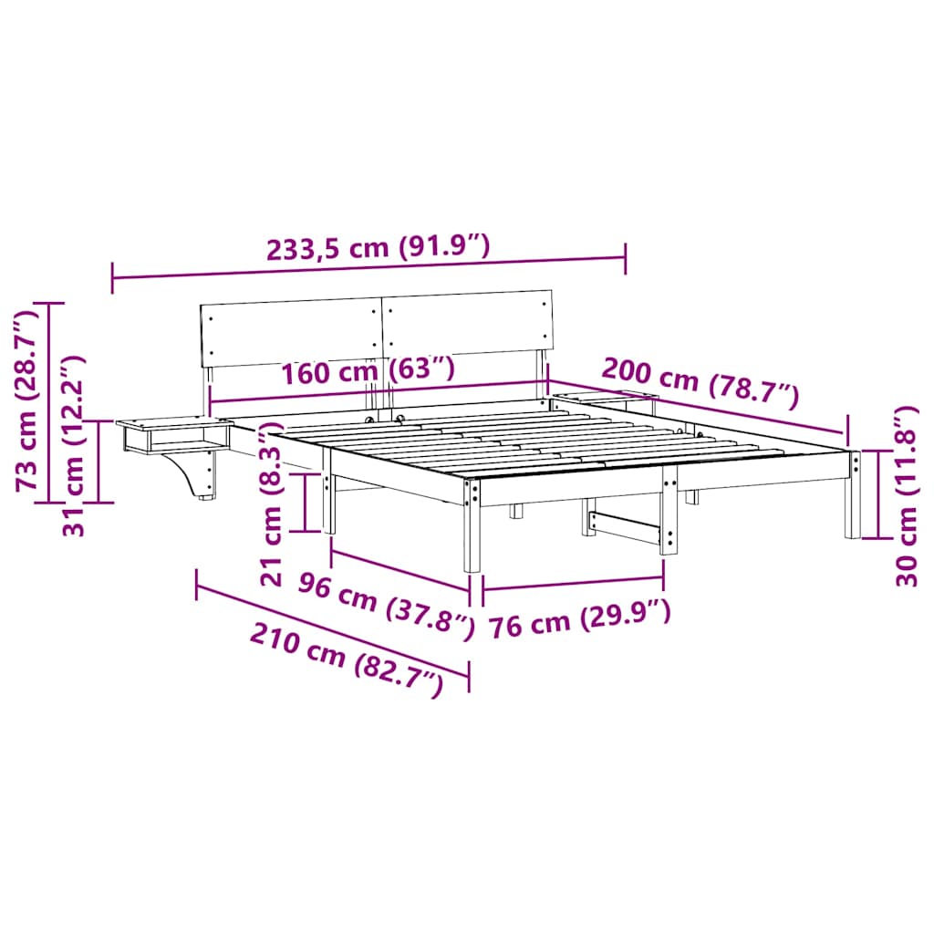 Sängram med huvudgavel Vit 160 x 200 cm Massiv furu
