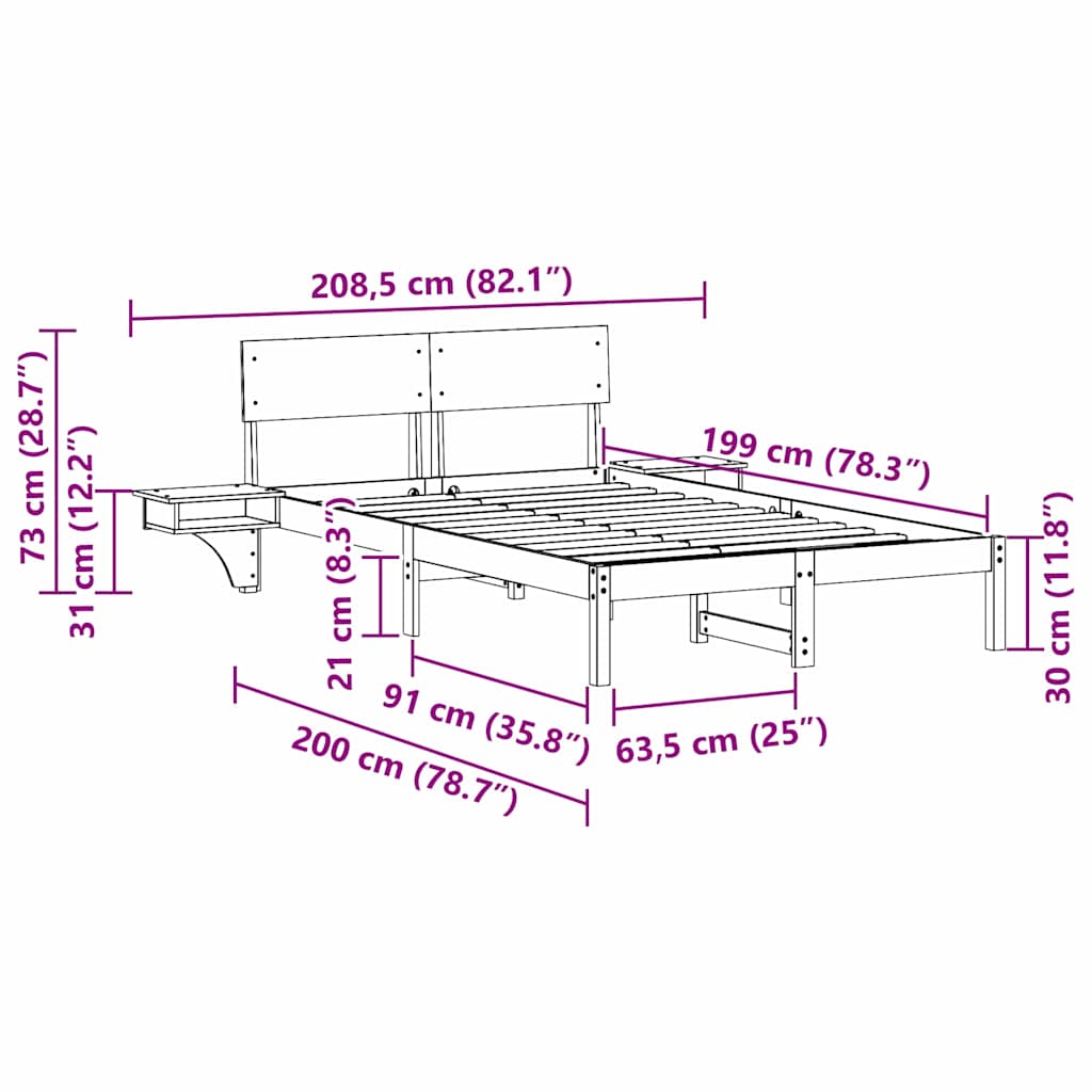Sängram med huvudgavel Vit 135 x 190 cm Massiv furu