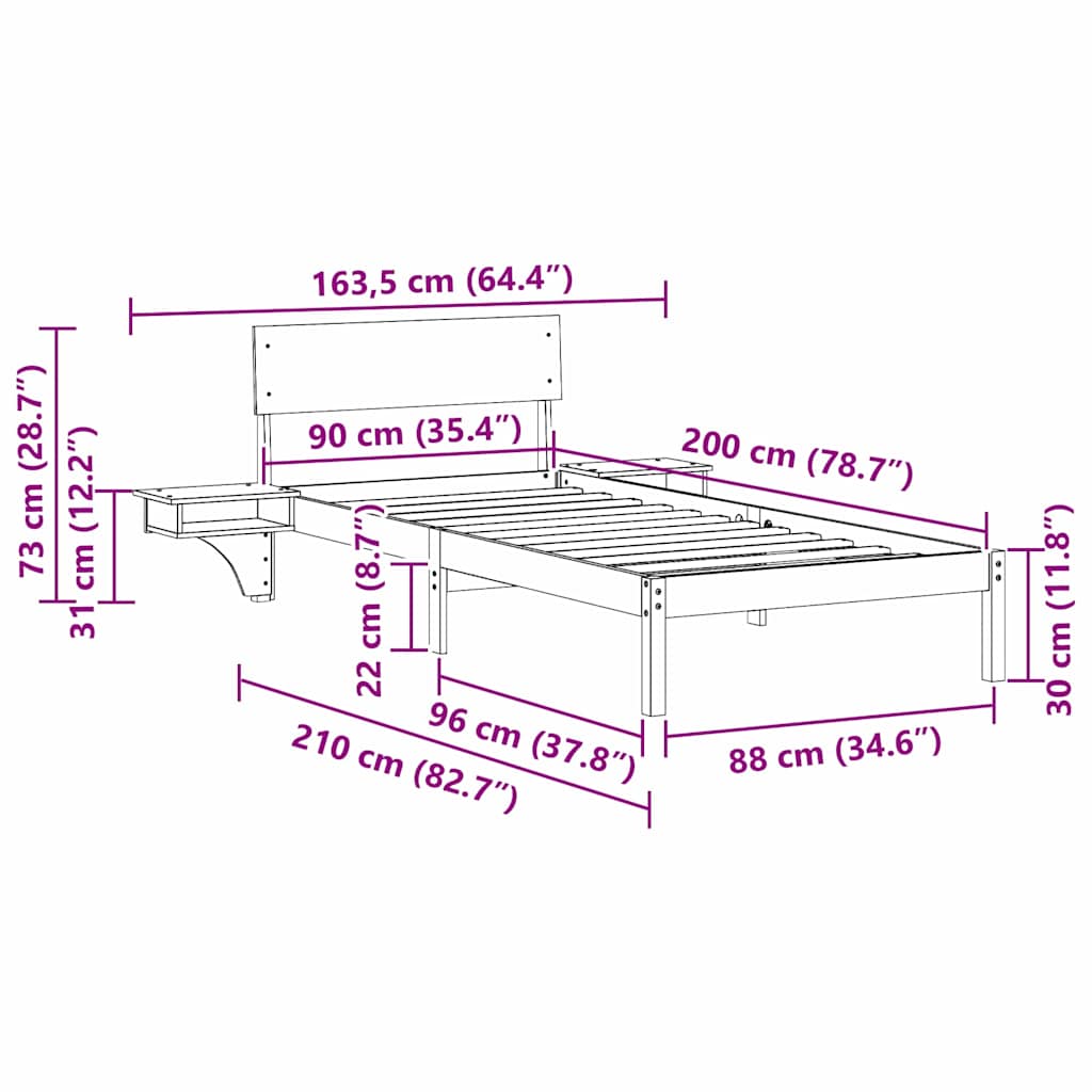 Sängram med huvudgavel Vit 90 x 200 cm Massiv furu