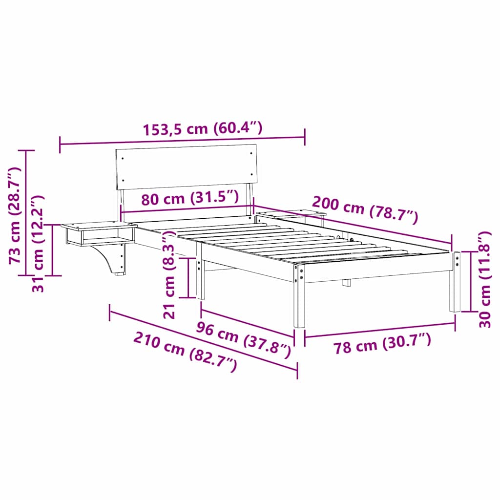 Sängram med huvudgavel Brun 80 x 200 cm Massiv furu