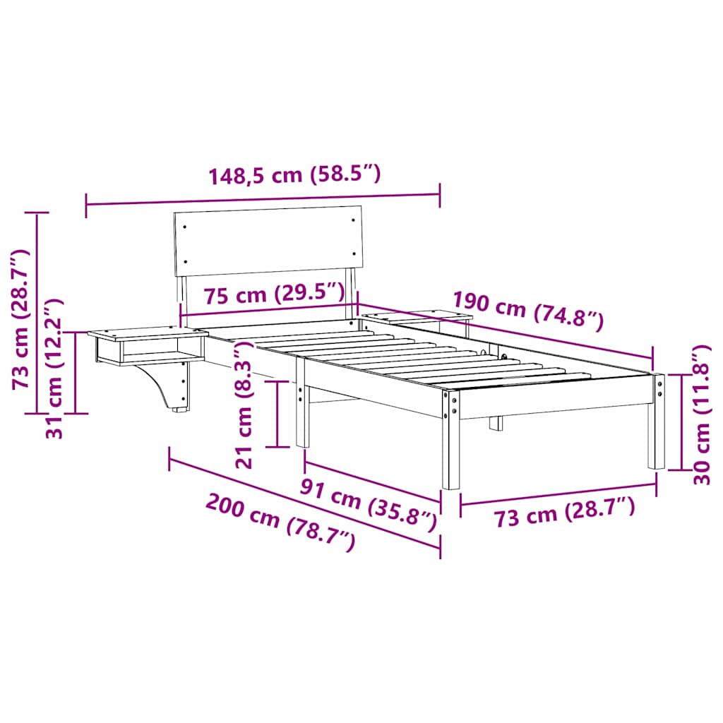 Sängram med huvudgavel Brun 75 x 190 cm Massiv furu