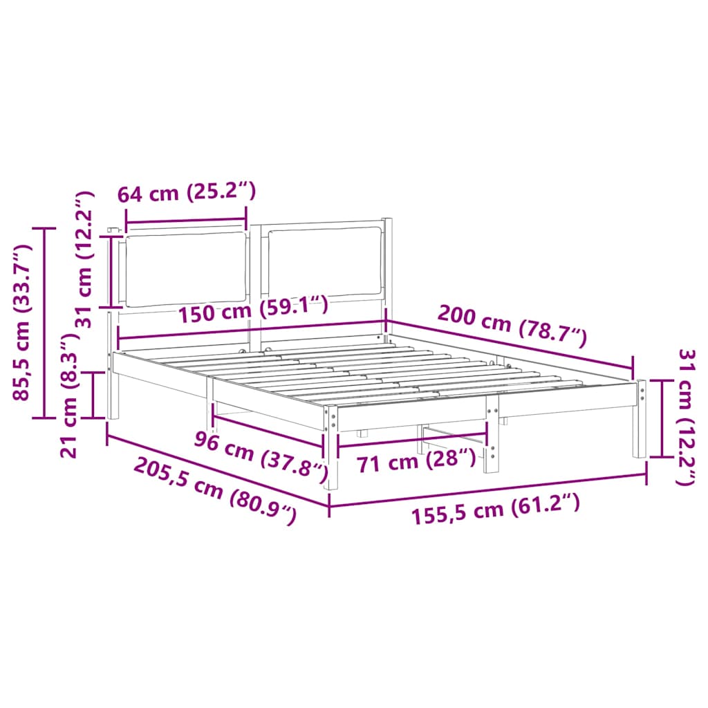 Sängram med huvudgavel Svart 150 x 200 cm Massiv furu