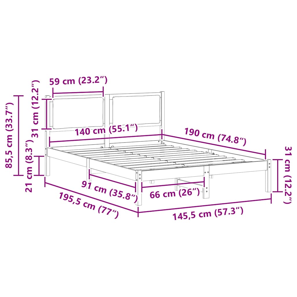 Sängram med huvudgavel Ljusgrå 140 x 190 cm Massiv furu