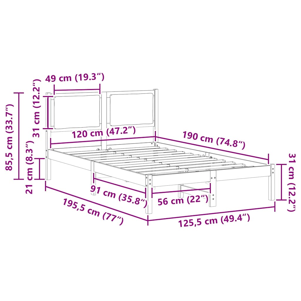 Sängram med huvudgavel Svart 120 x 190 cm Massiv furu